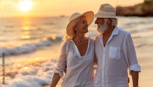 Senior couple enjoys a sunset walk on the beach