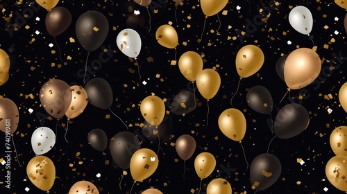 ornamental balloons. Happy birthday background in golden and monochrome palette.