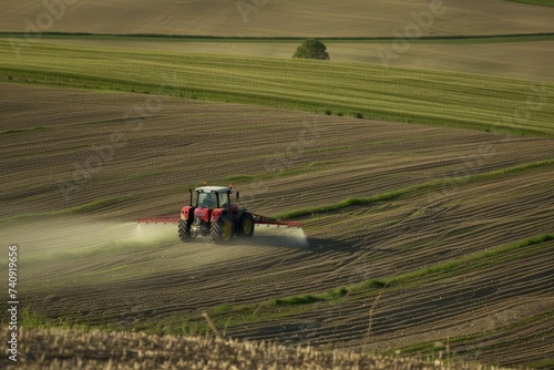 Farming tractor Efficiently spraying crops in a field Symbolizing modern agricultural practices