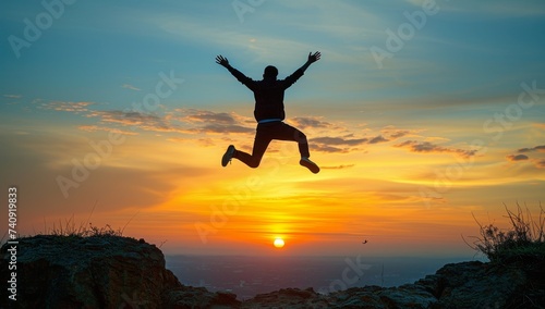 Silhouette of man jumping on the top of mountain at sunset