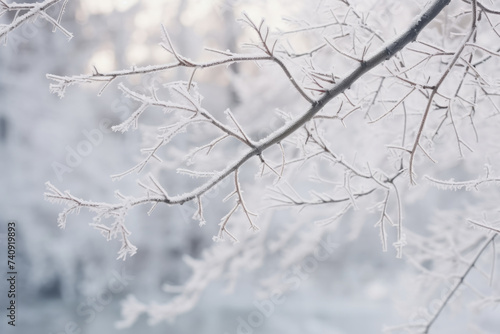 White snow on a bare tree branches on a frosty winter day. Generative AI