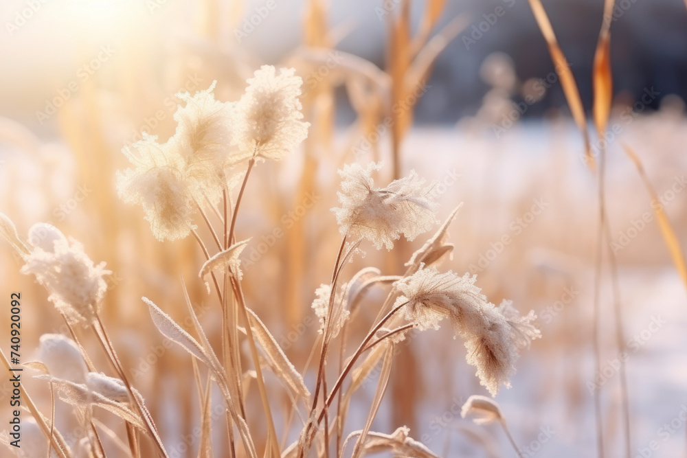 Winter atmospheric landscape with frost-covered dry plants during snowfall. Winter Christmas background. Generative Ai Winter atmospheric landscape with frost-covered dry plants during snowfall. Winter Christmas background. Generative Ai