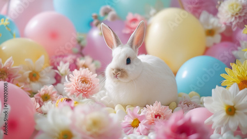 White Bunny Amidst a Delicate Floral and Balloon Arrangement © Thitiporn