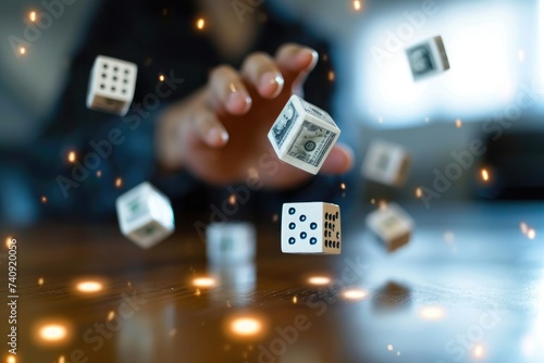 A person is seen throwing multiple dices into the air, capturing the dynamic motion of the dice mid-air, Hand throwing 3D dices with dollar signs, representing risk in investment, AI Generated photo