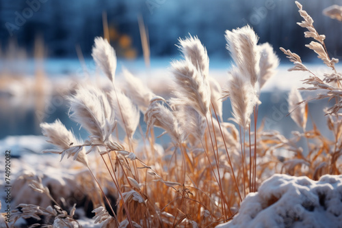 Winter atmospheric landscape with frost-covered dry plants during snowfall. Winter Christmas background. Generative Ai