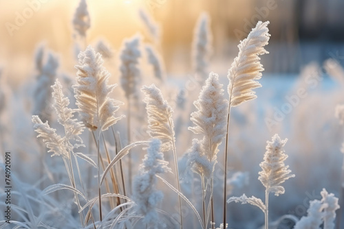 Winter atmospheric landscape with frost-covered dry plants during snowfall. Winter Christmas background. Generative Ai