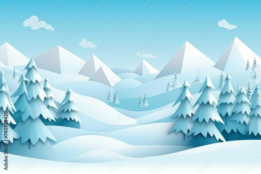 Winter sale product banner, a mountainous and forested landscape, paper illustration. Generative AI