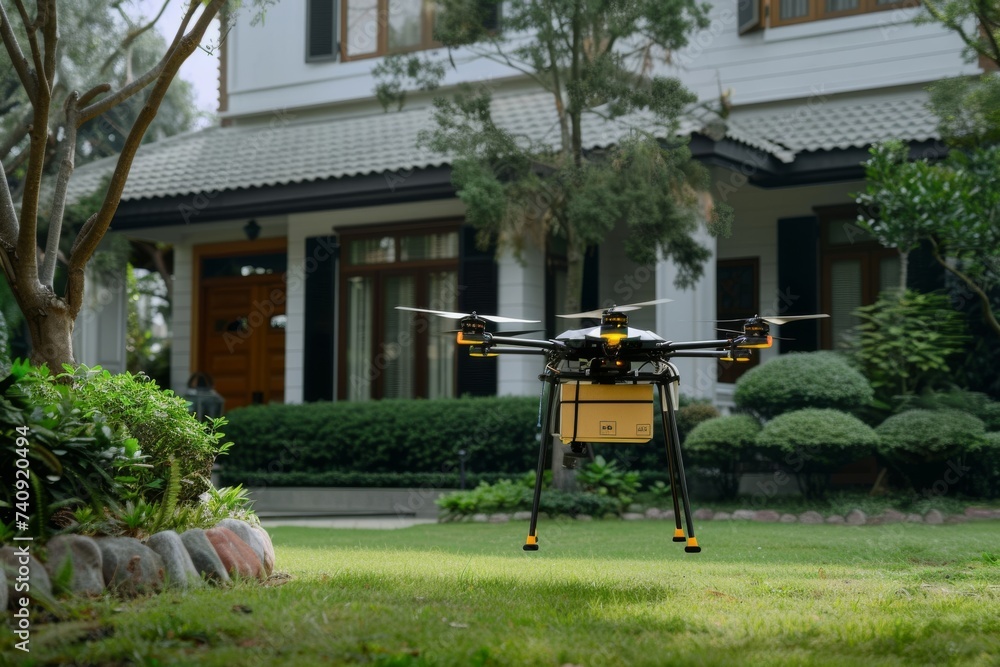 Smart package Drone Delivery cloud computing. Box shipping scheduled drone logistic parcel freight lane transportation. Logistic tech logistic mobility retail drone logistic