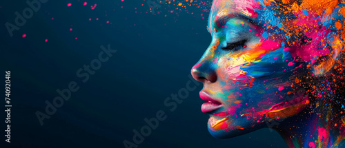 Banner with a woman's face covered in colorful paint explosion on the right corner on solid background photo