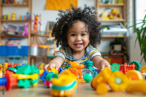 Portrait of a joyful child engaging in creative play with a variety of colorful toys Emphasizing the importance of imaginative play in development.