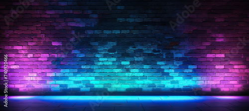 Modern futuristic neon lights on old grunge brick wall 