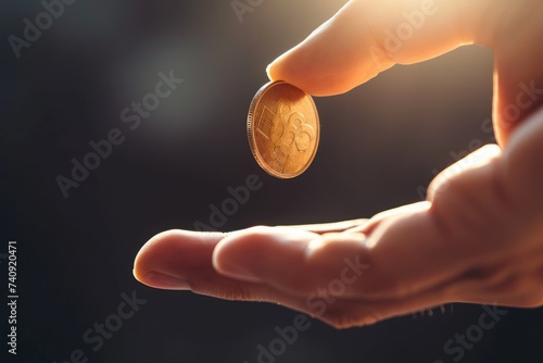A close-up photo of a persons hand holding a small penny coin, Hand tossing a coin, representing investment chances, AI Generated photo