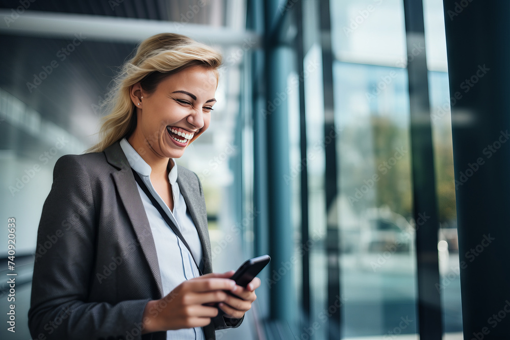 Young businesswoman laughing at a phone text while leaning against a glass wall in an office during an office break. Generative Ai Young businesswoman laughing at a phone text while leaning against a glass wall in an office during an office break. Generative Ai