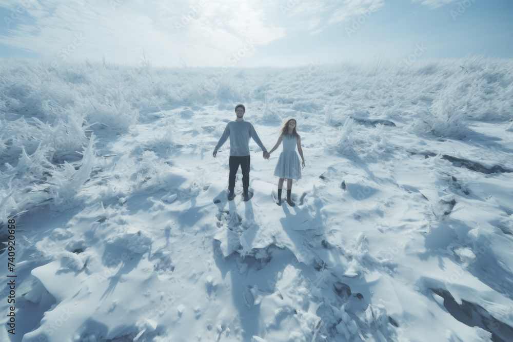 Young couple in love makes snow angels. Snowy white background. Generative Ai