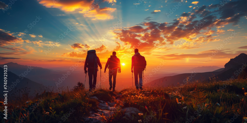 Adventurous Hike at Sunset.
Silhouettes of hikers walking on a mountain trail at sunset. - obrazy, fototapety, plakaty 