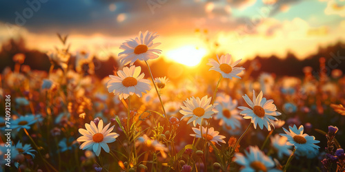 Wildflower Meadow at Sunset.
Sunset light bathing a field of wild daisies in a countryside meadow.