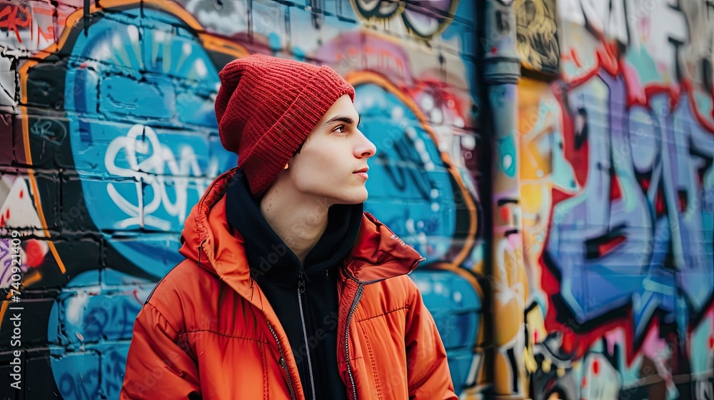 A young man stands confidently wearing a red beanie and orange jacket on a background of urban street graffiti