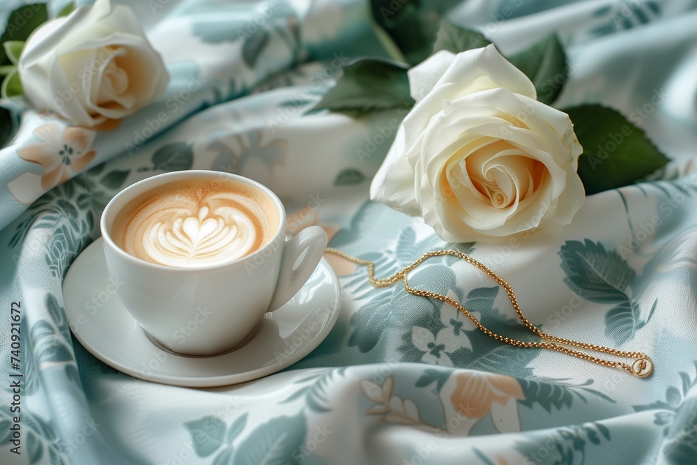A cup of coffee next to white rose and necklace on stylish patterned fabric made from eco-friendly materials, A cup of coffee next to white rose and necklace on stylish patterned fabric made from eco-friendly materials,