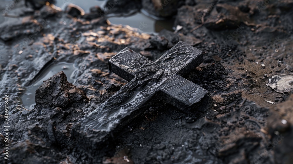 Christian cross and ashes, as a symbol of religion, sacrifice and redemption of Jesus Christ