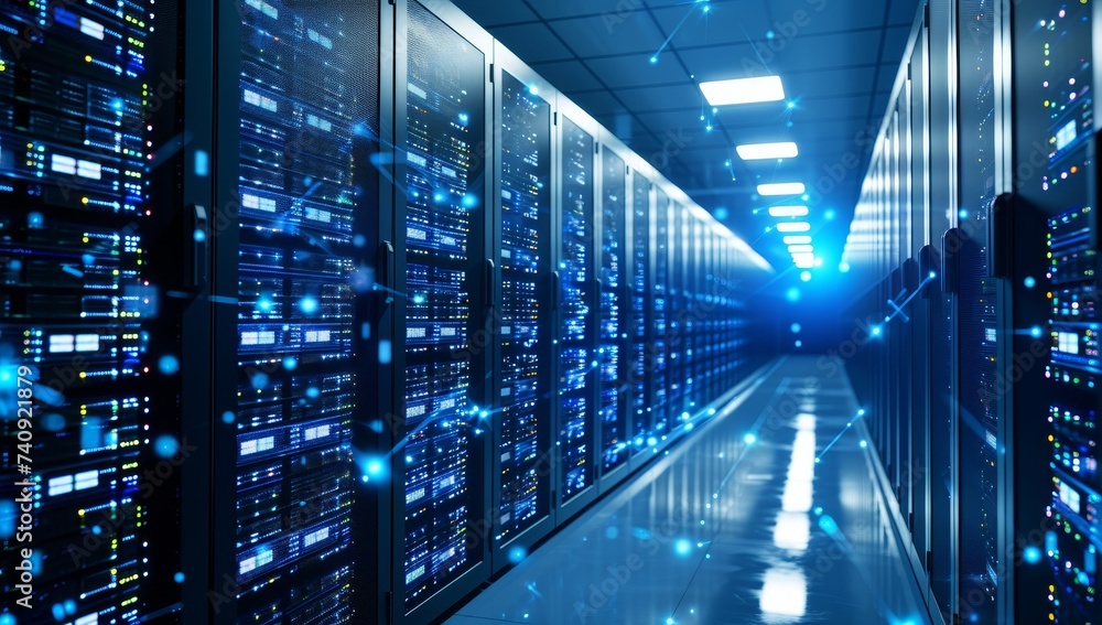 Modern server room data center glowing in blue light Modern server room data center glowing in blue light