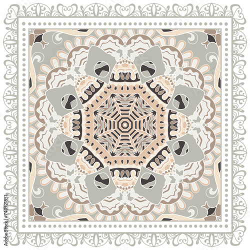 Decorative doodle ornament, symmetric pattern with lace frame. Tribal ethnic mandala decor. Bandana shawl, hijab, tablecloth fabric print, silk neck scarf, kerchief design. Colorful vector background