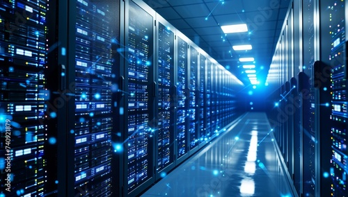 Modern server room data center glowing in blue light