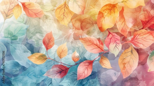 Leaves in warm colors on beautiful watercolor background