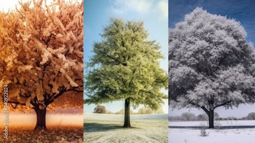 Season change from winter landscape to summer landscape. Winter vs Summer concept. photo