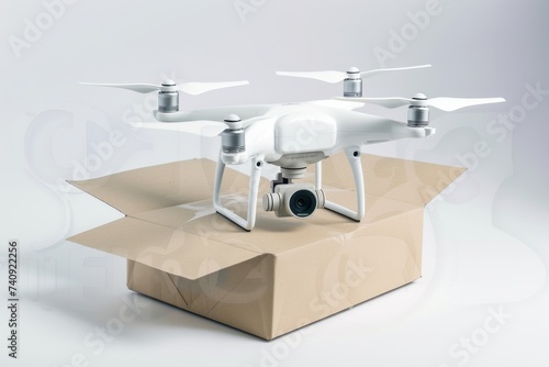 Smart package Drone Delivery tech showcases. Box shipping responsible ai parcel smart water systems transportation. Logistic tech smart pots mobility parcel delivery airspace