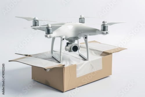 Smart package Drone Delivery tech ecosystem. Box shipping tech accelerators parcel signature required delivery transportation. Logistic tech smart living mobility die cut box