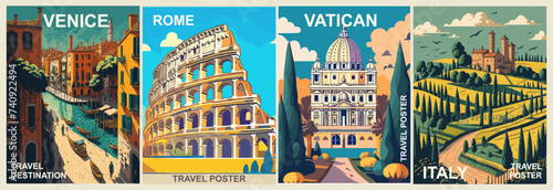 Set of Italy Travel Destination Posters in retro style. Rome, Vatican, Venice, Italy prints. European summer vacation, holidays concept. Vintage vector colorful art illustrations.