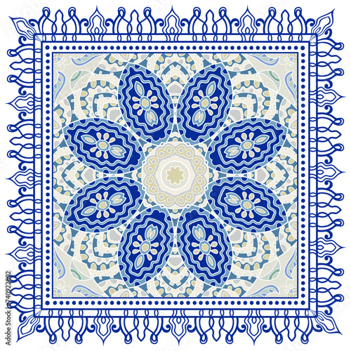 Decorative doodle ornament, symmetric pattern with lace frame. Tribal ethnic mandala decor. Bandana shawl, hijab, tablecloth fabric print, silk neck scarf, kerchief design. Colorful vector background