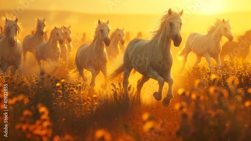 A herd of beautiful wild horses galloping in a field of flowers at eve with golden rays of the sun in their manes.