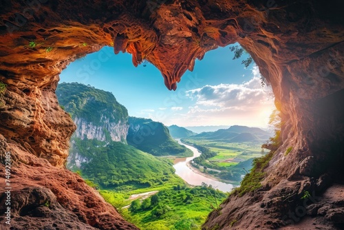 A stunning cave provides a breathtaking view of a flowing river and towering mountains in this captivating photograph  Heart-shaped cave opening overlooking a tranquil valley  AI Generated
