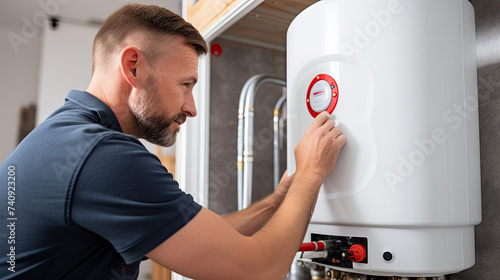 Plumber installing water heater at home background