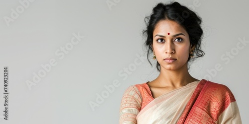 indian, girl, woman, sari Banner, place for text, strict, serious, surprised,