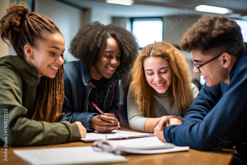 Group of people teenagers with book in modern classroom.