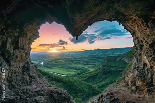 A cave nestled at the edge of a sprawling valley offers a stunning and expansive view of the surrounding landscape, Heart-shaped cave opening overlooking a tranquil valley, AI Generated