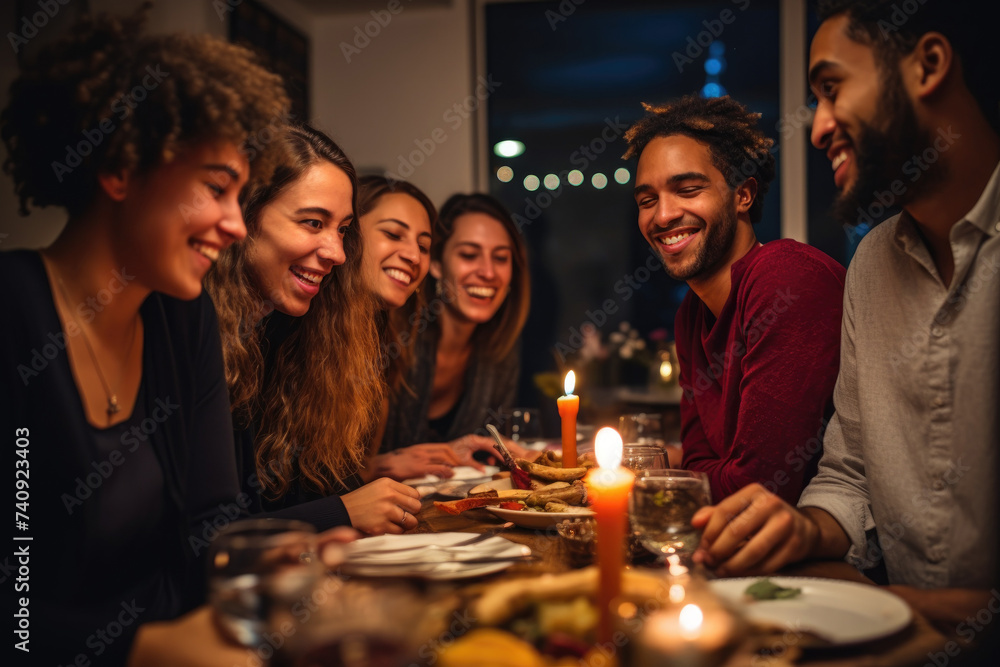 Multicultural Group Sitting Around Table With Candles