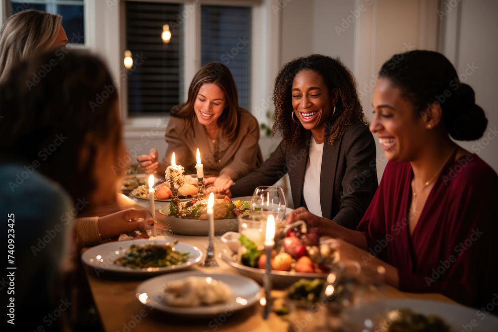 Multicultural group sitting around table with candles.