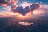 Heart-shaped Cloud Hovering Above City Skyline, Heart-shaped clouds floating over a serene cityscape, AI Generated