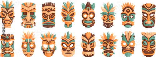 Set of sixteen wooden tiki masks. ceremonial tiki totem masks, African or Hawaiian idols. Set of vector illustrations Ethnic tribal ritual masks.