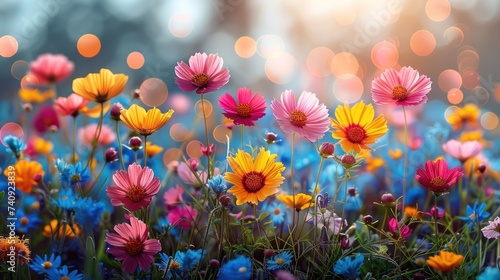 Colorful flower meadow with sunbeams and bokeh lights in summer - nature background banner #740923839