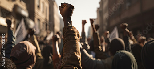 Raised fist of african american man in large angry protest riot crowd of people ©  Mohammad Xte