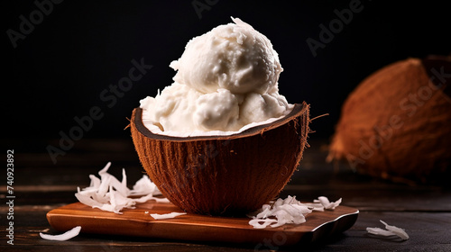 coconut cream on a dark background. coconut oil and a coconut.