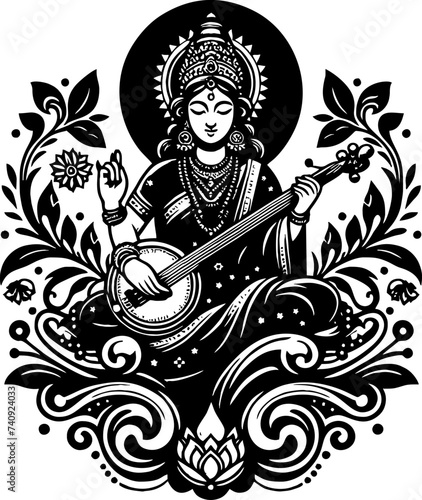 Basant Panchami Saraswati Mata Vector silhouette