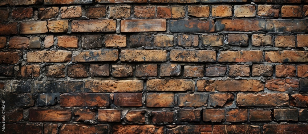 Obraz premium A detailed view of a brick wall showcasing the rectangular pattern of the building material. Each brick contributes to the composite material of the sturdy stone wall.