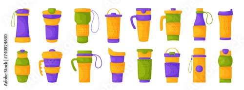 Cups with lids, travel thermal mugs, reusable cups for hot drinks. Various designs of thermoses for takeaway coffee. Set of isolated vector illustrations on a white background.