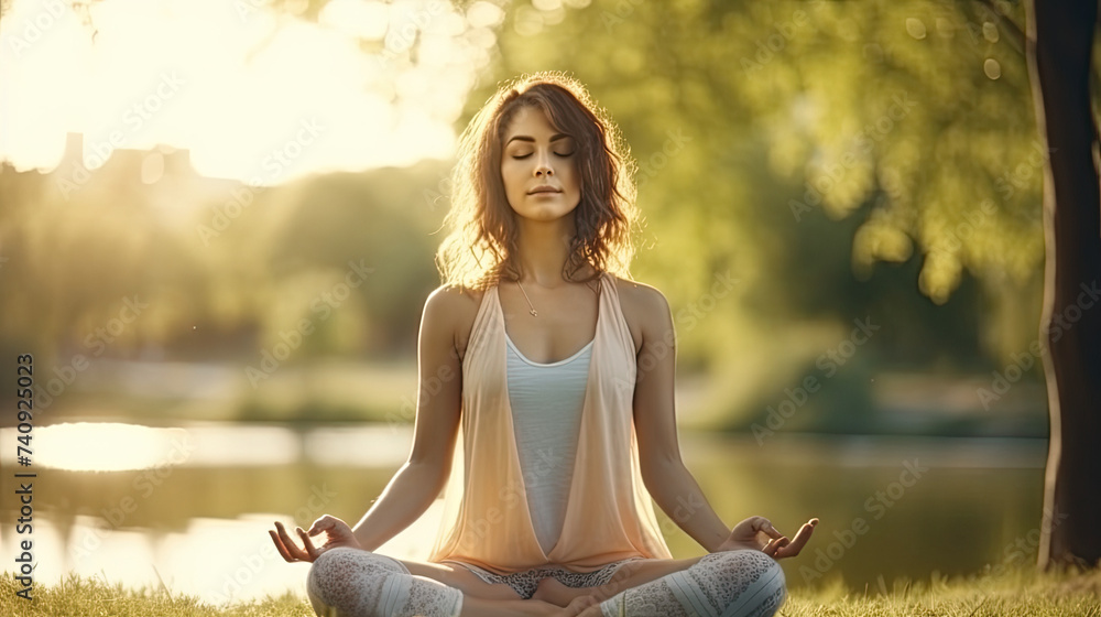 Portrait of young woman doing yoga in the morning at the park, healthy woman relaxing and practicing yoga at the city park. Mindfulness
