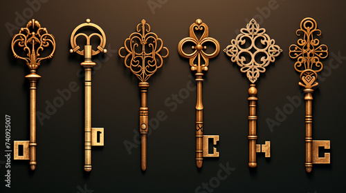 set realistic golden medieval medieval keys with gold and black ornament, vector illustration